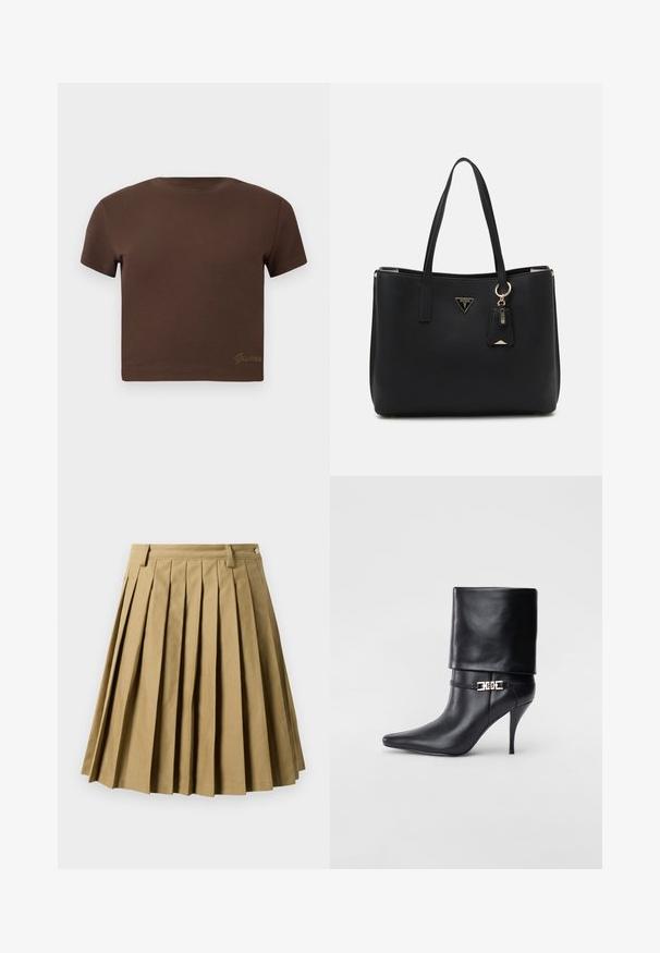 Brown cropped t-shirt made of soft cotton, featuring short sleeves and a round neckline. Includes subtle "Guess" logo in gold at the bottom.; Khaki pleated skirt made of cotton blend, featuring a fitted waistband with belt loops and a flared silhouette, finishing above the knee.; Black leather ankle boot with a pointed toe, high stiletto heel, fold-over cuff, and a gold decorative buckle detail on the ankle.; Black tote bag made of textured synthetic material, featuring two handles, a gold logo plaque, and a small tag with an accent detail.