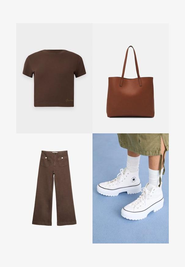 Bruine cropped t-shirt van zacht katoen, met korte mouwen en een ronde halslijn. Inclusief subtiel 'Guess' logo in goud aan de onderkant.; Bruine wijde broek van katoen, met twee voorzakken met zilveren knopen en een gladde textuur.; Witte hoge sneakers met een gestructureerde canvas bovenkant, rubberen neuskap en dikke witte platformzool. Voorzien van zwarte accenten en veterogen.; Bruine leren tote bag met een gladde textuur, een ontwerp met een open bovenkant en twee schouderbanden. Kenmerkt zich door minimale stiksels en geen zichtbare hardware.