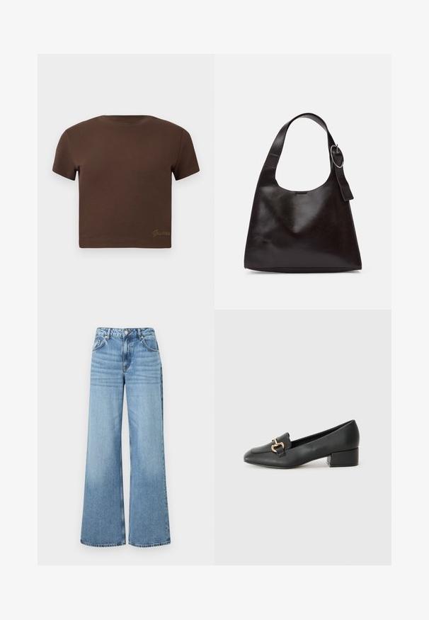 Brūns īsais krekls, kas izgatavots no mīkstas kokvilnas, ar īsām piedurknēm un apaļu apkakli. Apakšā ir diskretais "Guess" logo zeltītā krāsā.; Gaisni zilas platās kājas džinsu bikses, kas izgatavotas no denima, ar augstu jostasvietu, piecām kabatām un smalku izbalējušu tekstūru ar kniedēm.; Melnas ādas loafers ar plakanu papēdi, kurām priekšā ir dekoratīvs zelta aparatūras elements un gluda tekstūra.; Brūns ādas plecu soma ar gludu tekstūru, noapaļu formu, platu jostu un apaļu metāla akcentu uz roktura.