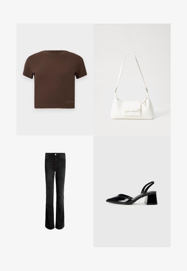 Kohvane lühikeste varrukatega puuvillane cropped T-särk, millel on ümmargune kaelus. Altpoolt on diskreetne kuldne "Guess" logo.; Mustad flare-stiilis teksad, mis on valmistatud denimist, kõrge vöökohaga, viie taskuga ja hõbedase nupuga sulgemisega. Sile tekstuur peene tuhmumisega.; Mustad musta lakknahk kingad, millel on terav varvas ja geomeetriline plokkkonts. Omab elegantselt minimalistlikku disaini ja sujuvat tekstuuri.; Valge sünteetilisest materjalist kott kolmnurkse kujuga, lame esiklapiga ja kaaredetailiga, reguleeritava rihmaga, sileda tekstuuriga ja minimalistliku disainiga.