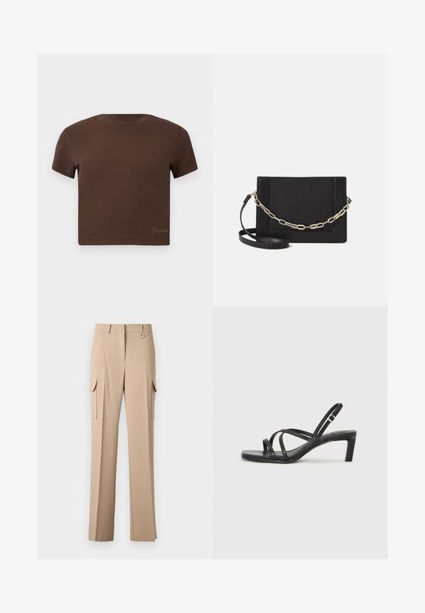 Barna, rövid fazonú póló, puha pamutból készült, rövid ujjal és kerek nyakkivágással. Diszkrét, arany színű "Guess" logó található az alján.; Beige tehernadrág két oldalzsebbel, lapos elülső résszel és négyzet alakú fém díszítéssel a derékrészen. Simább, könnyű anyagból készült.; Fekete pántos szandál négyzetes orral és alacsony blokk sarkal. Több vékony pánttal és állítható boka pánttal rendelkezik. Sima bőrből készült.; Fekete bőr keresztpántos táska, sima textúrával, téglalap alakú és fém lánc részlettel az elején. Állítható pánttal ellátva.