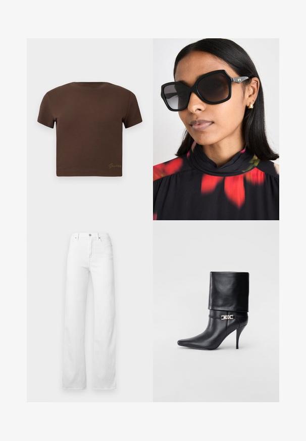 Camiseta marrón corta hecha de algodón suave, con mangas cortas y cuello redondo. Incluye un sutil logo "Guess" en dorado en la parte inferior.; Jeans de mezclilla blancos con diseño de pierna recta, estilo de cinco bolsillos y cierre clásico con botón y cremallera con herrajes plateados.; Botín de cuero negro hasta el tobillo con punta afilada, tacón alto de aguja, puño doblado y un detalle decorativo de hebilla dorada en el tobillo.; Gafas de sol negras de gran tamaño con una montura geométrica, lentes oscuros y detalles en tono dorado, llevadas con una blusa de estampado floral y cuello alto.