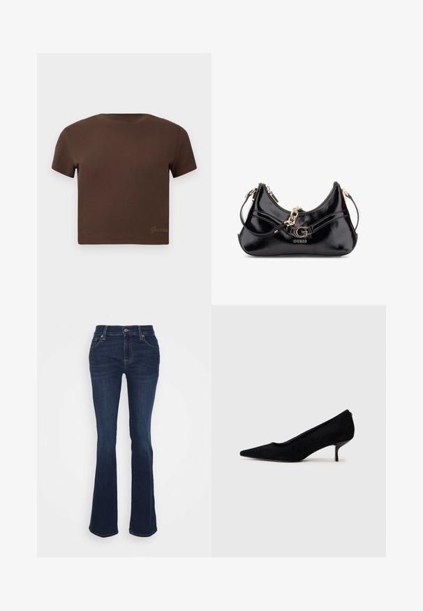 Barna, rövid fazonú póló, puha pamutból készült, rövid ujjal és kerek nyakkivágással. Diszkrét, arany színű "Guess" logó található az alján.; Sötétkék, trapéz szabású farmernadrág; magas derék, öt zseb, arany színű fém kiegészítők, sima textúra, finom kopással a comboknál.; Fekete velúr magassarkú cipő hegyes orral és vékony, alacsony sarokkal. Simább textúrájú, letisztult dizájn, amelyen nincsenek látható fém alkatrészek.; Fekete lakkbőr táska íves kialakítással, aranyszínű fémrészletekkel és egy hangsúlyos logóval. Tartalmaz egy levehető vállpántot.