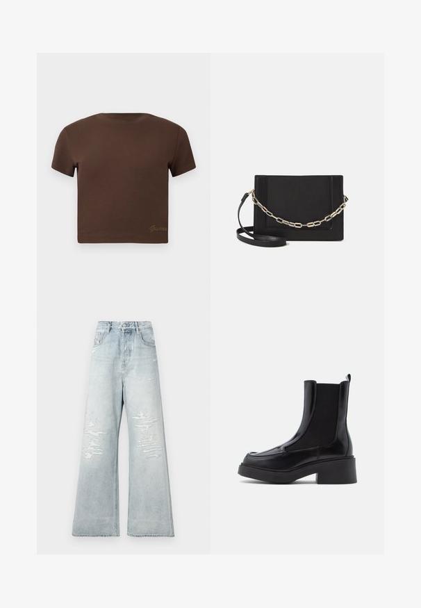 Brunnet avkortet t-skjorte laget av myk bomull, med korte ermer og rund halslinning. Inkluderer subtil "Guess" logo i gull nederst.; Lys blå, høit midjens brede ben jeans med slitte lapper på frontlår og fem-lommers stil mot en enkel hvit bakgrunn.; Sorte chelsea-støvler med en kraftig hæl, med blødt læderoverdel og elastiske sidepaneler for nem påtagning. Solid gummisål.; Svart lær crossbody-veske med glatt tekstur, rektangulær form og metallkjede detaljer på framsiden. Justerbar stroppe inkludert.