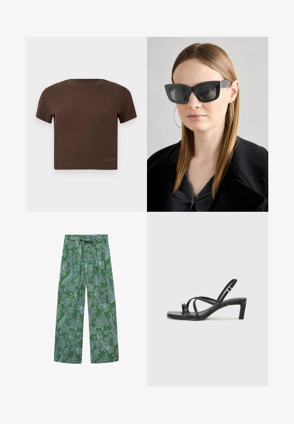 Hnědý zkrácený tričko vyrobené z měkké bavlny, s krátkými rukávy a kulatým výstřihem. Obsahuje jemné logo "Guess" ve zlaté barvě na spodním okraji.; Zelené široké kalhoty s paisley vzorem, s elastickým pasem a šňůrkou. Tkanina má hladký povrch a vykazuje složité modré akcenty.; Černé sandály na tenkém podpatku se čtveratou špičkou a nízkým blokovým podpatkem. Mají několik tenkých popruhů a nastavitelné zapínání okolo kotníku. Vyrobeny z hladké kůže.; Černé sluneční brýle ve stylu kočičího oka s tmavými skly, silnými rámy a jemnými detaily. Nosené s černým kabátem a šedým topem, s dlouhými rovnými vlasy.