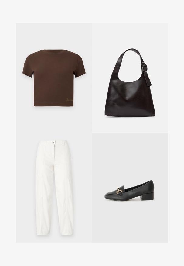 Tricou scurt maro realizat din bumbac moale, cu mâneci scurte și decolteu rotund. Include un logo subtil "Guess" de culoare aurie în partea de jos.; Pantaloni cargo albi cu un design drept, având buzunare laterale, închidere cu nasture și detalii de cusătură vizibile. Material neted și durabil.; Loaferi negri din piele, cu toc plat, având un detaliu decorativ din hardware auriu în față și o textură netedă.; Geantă de umăr din piele maro, cu o textură netedă, formă rotunjită, curea largă și un accent metallic circular pe mânere.