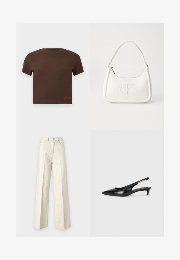 Brown cropped t-shirt made of soft cotton, featuring short sleeves and a round neckline. Includes subtle "Guess" logo in gold at the bottom.; Wide-leg jeans in off-white cotton denim. Features a high waist, front button closure, and classic five-pocket design with minimal stitching.; Black leather slingback heels with a pointed toe, featuring a slim heel and a gold-tone accent on the adjustable strap. Smooth texture.; White leather handbag with a curved shape, featuring an embossed "CK" logo on the front and a single shoulder strap. Zipper closure at top.