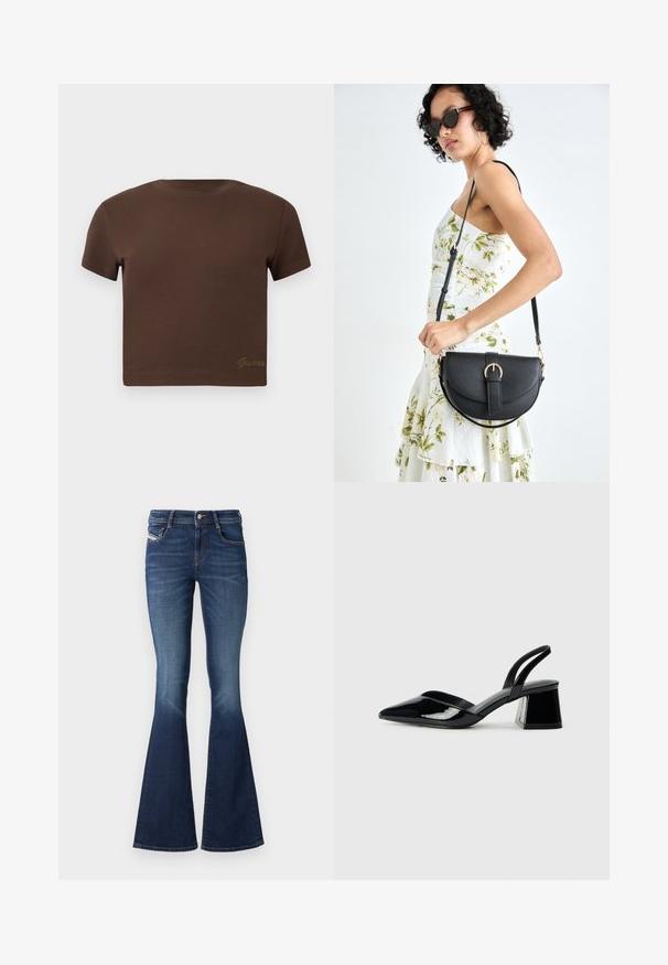 Kohvane lühikeste varrukatega puuvillane cropped T-särk, millel on ümmargune kaelus. Altpoolt on diskreetne kuldne "Guess" logo.; Tumedate flared teksad keskmise kõrgusega vöökohaga, klassikalise viie tasku kujundusega ja kerge kulumisega reitel.; Mustad musta lakknahk kingad, millel on terav varvas ja geomeetriline plokkkonts. Omab elegantselt minimalistlikku disaini ja sujuvat tekstuuri.; Mustmust mustraha kõverate joontega, eemaldatava rihmaga ja kuldsete detailidega. Kotil on klapp, millel on pandladetail.