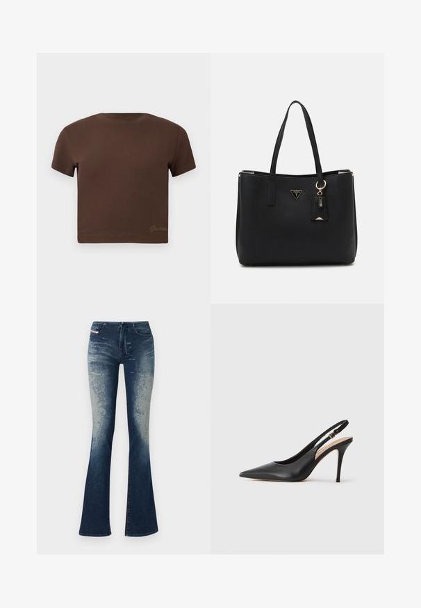 Ruda trumpa marškinėliai, pagaminti iš minkštos medvilnės, turi trumpas rankoves ir apvalų iškirpimą. Apačioje yra subtilus auksinis "Guess" logotipas.; Platūs džinsai su tamsiai mėlynu atspalviu ir šviesesniu nusidėvėjimu, tekstūruota paviršiumi ir užtrauktuku. Penkių kišenių dizainas su prekės ženklu.; Juoda odinė slingback aukštakulnė batai su smailiu pirštu, glotnia tekstūra ir delikatia juosta su metaline sagtimi.; Juodas pirkinių krepšys, pagamintas iš tekstūruotos sintetinės medžiagos, su dviem rankenomis, auksine logotipo plokšte ir maža etikete su akcentu.