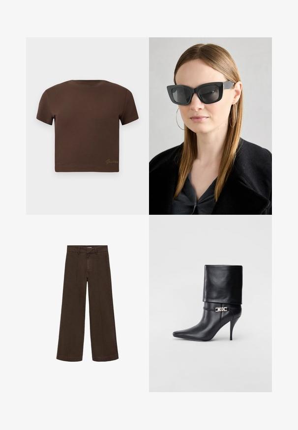 Brun cropped t-shirt lavet af blød bomuld, med korte ærmer og rund halsudskæring. Indeholder et diskret "Guess" logo i guld nederst.; Brune brede bukser lavet af bomuldsstof. Har en høj talje, lynlås foran og diskret sømdetalje fortil. Ingen synlige lommer.; Sort læder ankelstøvle med spids tå, høj stiletto hæl, fold-over manchet og en guld dekoreret spænde detalje på anklen.; Sorte katteøje solbriller med mørke linser, tykke rammer og subtile detaljer. Båret med en sort frakke og en grå bluse, med langt, glat hår.