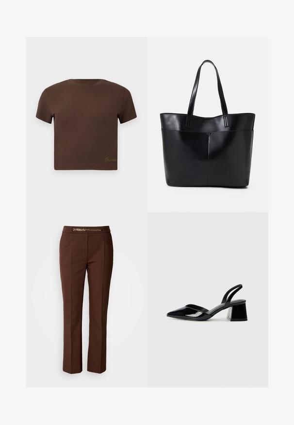 Brunnet avkortet t-skjorte laget av myk bomull, med korte ermer og rund halslinning. Inkluderer subtil "Guess" logo i gull nederst.; Brune skreddersydde bukser med en glatt tekstur, med en gullkjedeaksent i midjen og rett ben-design.; Svarte patentlær slingback hæler med spiss tå og geometrisk blokk hæl. Har et stilrent, minimalistisk design og jevn tekstur.; Svart lær toteveske med to lange håndtak, en glatt tekstur og en strukturert form. Har en frontlomme for ekstra oppbevaring.