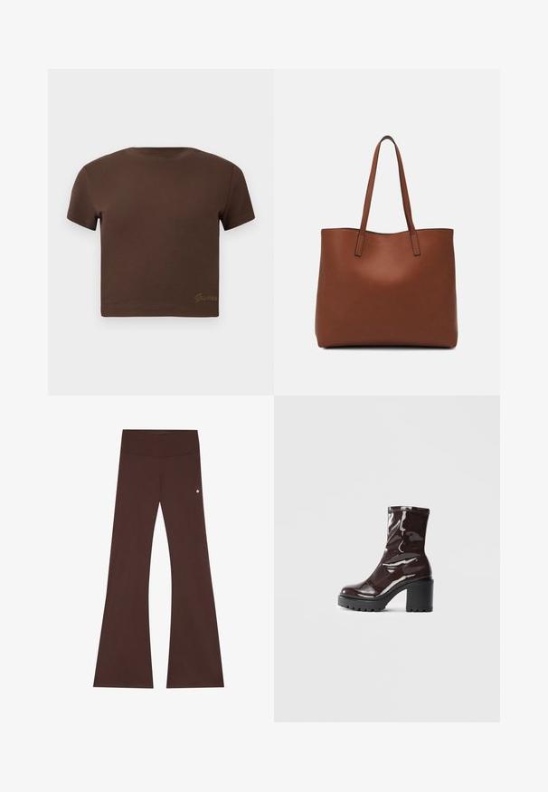 Camiseta marrón corta hecha de algodón suave, con mangas cortas y cuello redondo. Incluye un sutil logo "Guess" en dorado en la parte inferior.; Pantalones marrones acampanados de tejido suave, con una cinturilla ancha, textura lisa y un pequeño logo en el lateral.; Botín burdeos brillante hasta el tobillo con un tacón negro grueso, que presenta una textura suave y un diseño sencillo. Sin cierres ni patrones visibles.; Bolso tote de cuero marrón con una textura suave, diseño de apertura superior y dos correas para el hombro. Presenta una costura mínima y sin herrajes visibles.
