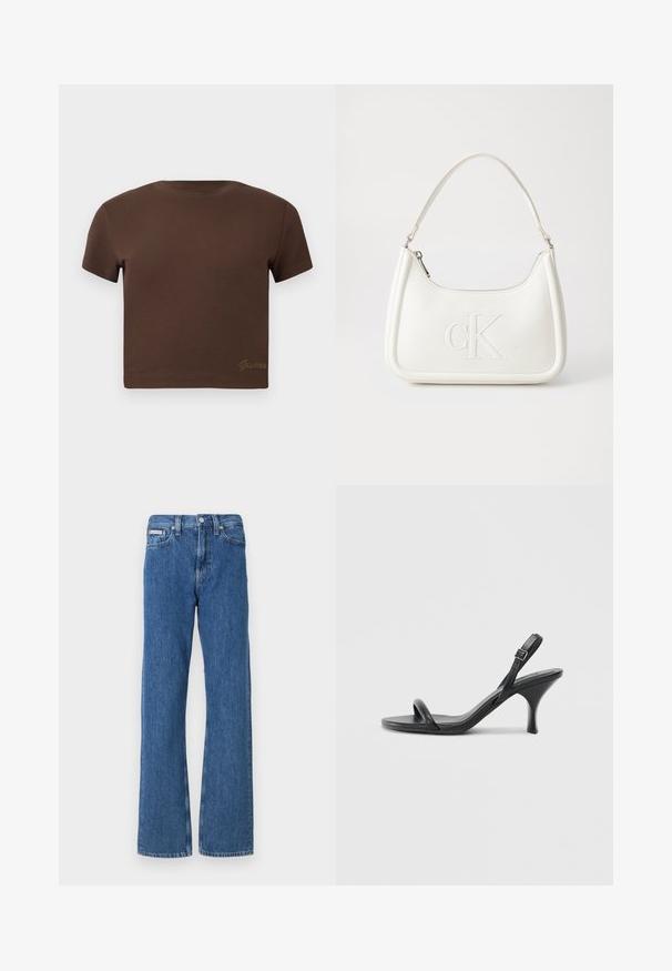 Barna, rövid fazonú póló, puha pamutból készült, rövid ujjal és kerek nyakkivágással. Diszkrét, arany színű "Guess" logó található az alján.; Kék farmernadrág egyenes láb kialakítással, közepes derekú, elülső zsebekkel és finom elhalványult részletekkel.; Fekete bőrből készült, magassarkú szandál, vékony, ívelt sarokkal és keresztben átkötött pántokkal. Állítható bokapánt. Sima felület.; Fehér bőrtáska ívelt formájú, elöl feltűnő "CK" logóval, egyetlen vállpánttal. Cipzáras zárás a tetején.