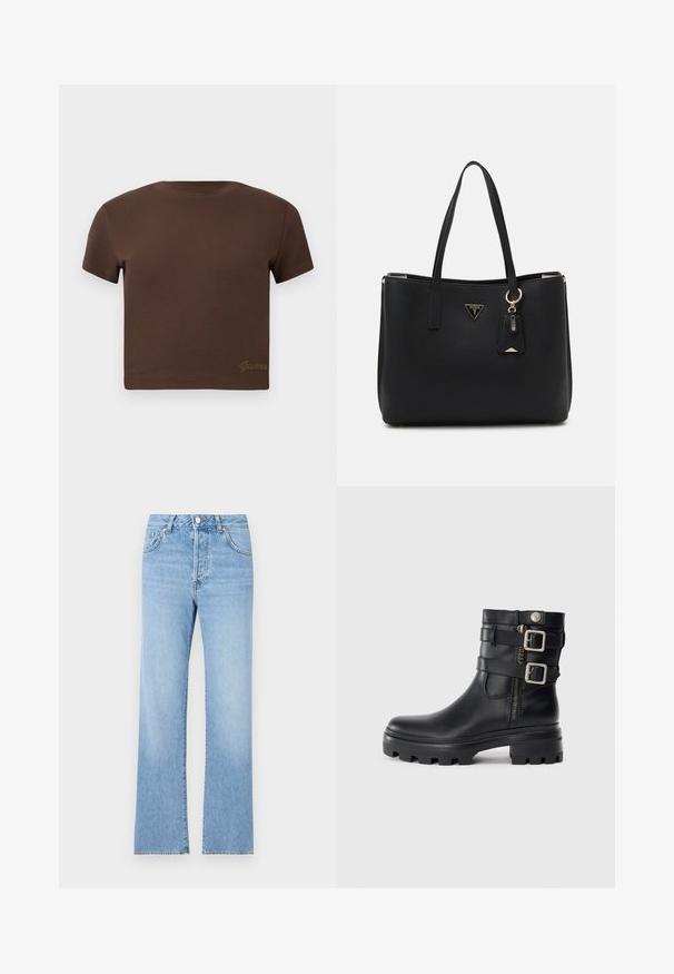 T-shirt cropped castanho feito de algodão suave, com mangas curtas e decote redondo. Inclui um discreto logótipo "Guess" em dourado na parte inferior.; Jeans de denim azul claro com corte reto, cintura alta, cinco bolsos, fecho de botão e leve desbotamento por todo o tecido.; Botim de tornozelo em pele preta com detalhes de fivela dupla, fecho de zíper, sola espessa e textura lisa. Apresenta um design robusto e estiloso.; Mala tote preta feita de material sintético texturizado, com duas alças, uma placa de logótipo dourada e uma etiqueta pequena com um detalhe em acento.