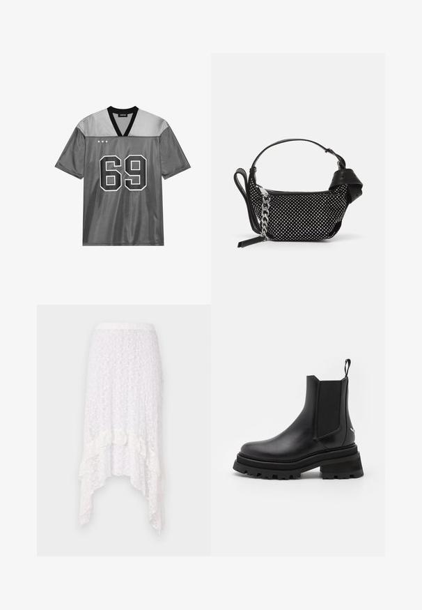 Grå atletisk trøje lavet af skinnende mesh-materiale. Har en sort V-hals, stort hvidt nummer 69 og tre hvide stjerner øverst til venstre.; Hvid blondekjole med et tekstureret blomstermønster, høj-lav kant og flæseaccenter i bunden, der har en elastisk talje.; Sort læder Chelsea-støvle med elastiske sidepaneler, rund tå, kraftig gummisål og trækstrop ved hælen. Strukturerede og glatte overflader.; Sort håndtaske med naglede dekorationer, en kædestrop og et glat læderhåndtag, med en rund form og en lynlåslomme.