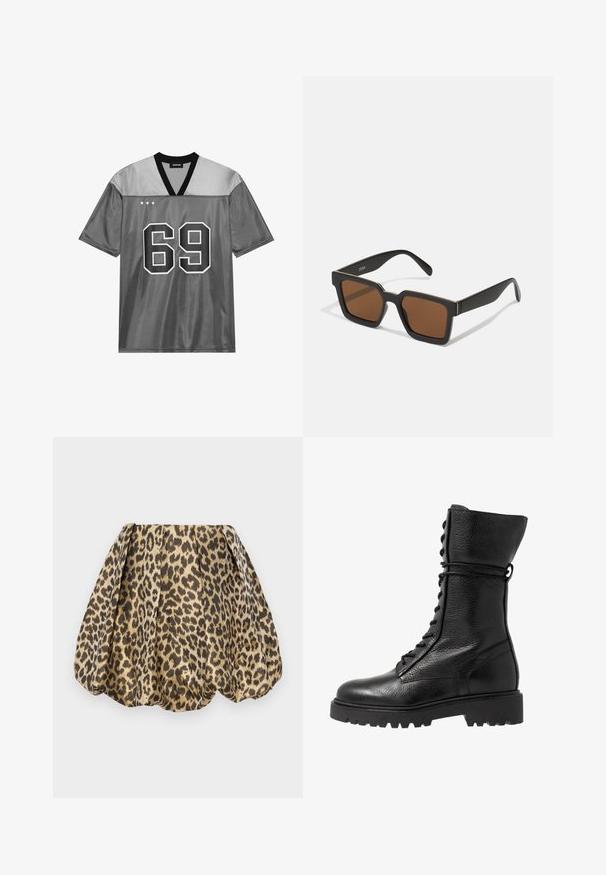 Grå atletisk tröja gjord av glänsande nätmaterial. Har en svart V-ringning, stort vitt nummer 69 och tre vita stjärnor på övre vänstra sidan.; Sister Jane LOLA SKIRT - A-linjekjol - tan; Svarta läderkampboots med en texturerad yta, knähöga med snörning framtill och en kraftig gummisula med räfflat mönster.; Svarta fyrkantiga solglasögon med bruna linser, med en matt yta och guldaccenter på ramen. Designen är vinklad med breda bågar.