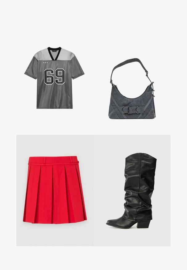 Halli sportlik särk, mis on valmistatud läikivast võrgumaterjalist. Peakse must V-kaelus, suur valge number 69 ja kolm valget tähte vasakus ülanurgas.; Punane volditud seelik, mis on valmistatud siledast kangast. Omab vöökohta, millel on vööringid ning struktureeritud voldid, mis lisavad volüümi.; Mustad musta nahka kõrge säärega saapad, millel on laotud disain, terav nina ja jäme konts, sile pind ja minimaalne õmblus.; Hallide halli kanga õlakott, millel on struktureeritud kuju, tõmbluku sulgus, metallist aksessuaarid ja lai reguleeritav rihm. Omaduseks on diagonaalsed õmblustooted.