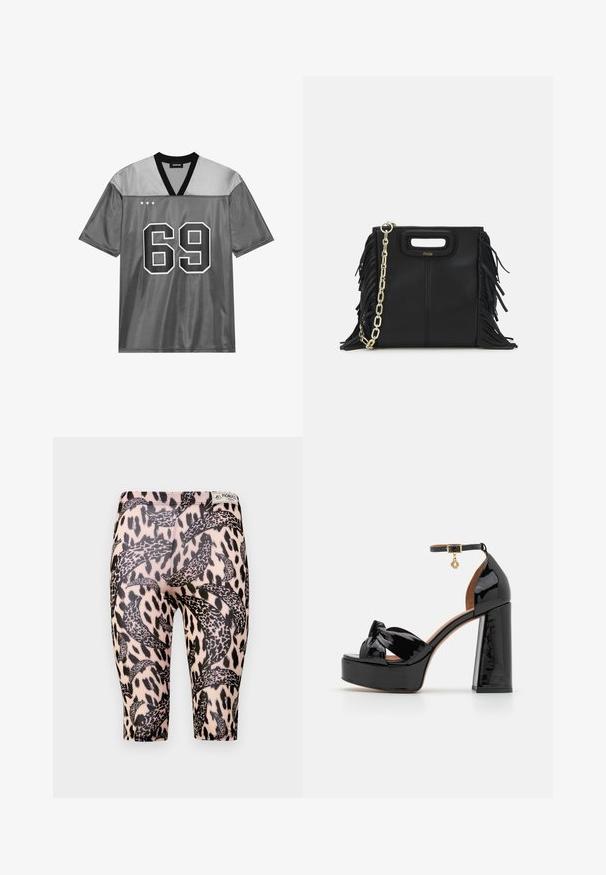 Ezüst színű sportmez fényes vászon anyagból. Fekete V-nyakkal, nagy 69-es fehér számmal és három fehér csillaggal a bal felső részen.; Fekete és bézs leggings leopárdmintás dizájnnal, ívelt mintázattal. Rugalmas anyagból készült, a kényelem és a megfelelő illeszkedés érdekében.; Maje Magas sarkú szandálok - noir; Fekete bőr kézitáska, frufrus részletekkel, arany láncos vállpánttal és kivágott fogantyúval. Az elülső részen logó található.