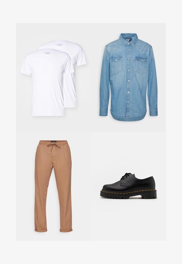 Két fehér pamut póló rövid ujjakkal, kerek nyakkal és Lee márkajelzéssel a címkéken. Simaszerkezet, klasszikus szabás, további minták nélkül.; Világoskék farmering hosszú ujjal, hegyes gallérral és két mellzsebbel. Gombos záródással és ívelt aljjal rendelkezik.; Barna pamutnadrág, húzózsinórral ellátott derékkal, egyenes szárú kivitel, oldalsó zsebekkel és felhajtott szárakkal. Sima tapintású, minimális díszítéssel.; Fekete bőr, fűzős cipő lekerekített orral, texturált gumitalppal és sárga varrással az alján. Lapos design és sima felület.