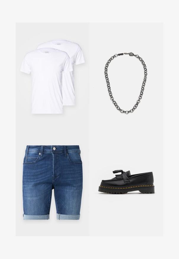 Dos camisetas de algodón blancas con mangas cortas, cuellos redondos y la marca Lee en las etiquetas. Textura suave, corte clásico, sin patrones adicionales.; Pantalones cortos de mezclilla en azul oscuro con una textura suave, presentan un dobladillo enrollado, diseño de cinco bolsillos y un cierre de botón de metal en la cintura.; Mocasín de cuero negro con un acento de borlas, que presenta una suela gruesa negra y costuras amarillas a lo largo del borde. Acabado texturizado.; Collar de cadena de metal con eslabones alargados en un color gris oscuro. Presenta un acento geométrico y un cierre con detalle de marca.