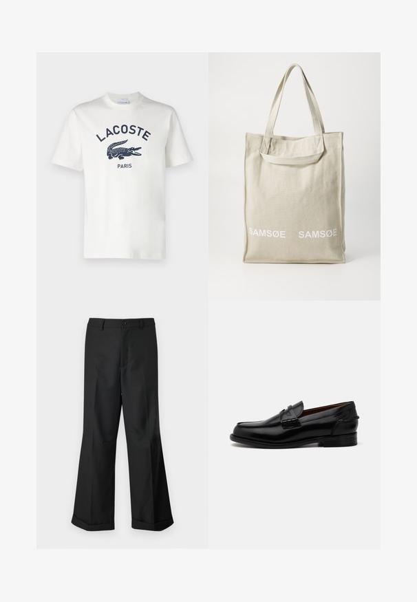 T-shirt en coton blanc à manches courtes, avec un logo Lacoste bleu marine et un graphique de crocodile centré sur la poitrine. Texture douce.; Pantalons noirs à jambes larges avec taille boutonnée et ourlets retroussés, présentés sur un arrière-plan blanc uni.; Mocassins en cuir noir avec une forme légèrement allongée, comportant des détails cousus et un petit talon. Fini lisse et brillant.; Sac fourre-tout en toile beige clair avec double poignée, arborant le logo "SAMSOE" imprimé en blanc à l'avant. Forme rectangulaire avec un design simple.