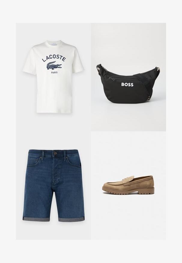 White cotton t-shirt with short sleeves, featuring a navy Lacoste logo and crocodile graphic centered on the chest. Soft texture.; Denim shorts in dark blue with a rolled grey hem. Features classic five-pocket design and a button closure at the waist.; Tan suede loafers with a rounded toe, flat rubber sole, and decorative stitching on the upper. Features a slip-on design with no lace.; Black nylon bag with a curved shape, a zippered main compartment, and a front pocket. White "BOSS" logo displayed prominently. Adjustable strap.