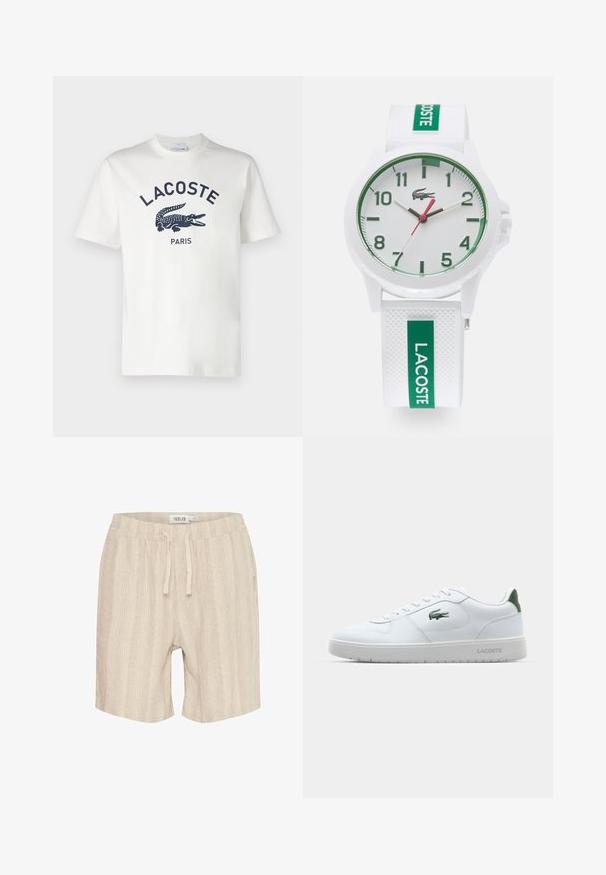 T-shirt en coton blanc à manches courtes, avec un logo Lacoste bleu marine et un graphique de crocodile centré sur la poitrine. Texture douce.; Shorts en coton beige avec des rayures verticales, taille élastique, cordon de serrage et poches latérales. Texture douce et design décontracté.; Basket blanche en cuir avec une semelle en caoutchouc, accent vert au talon et petit logo vert. Présente des panneaux latéraux texturés et des lacets ronds.; Lacoste WHITE SILICONE STRAP LOGO WATCH UNISEX - Montre - weiß/grün
