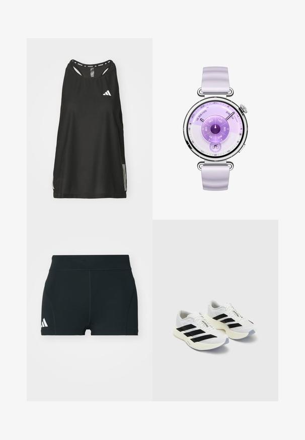 Schwarzes ärmelloses Sportoberteil mit rundem Halsausschnitt. Besondere Merkmale sind ein weißes Logo und drei weiße Streifen an den Seiten; aus atmungsaktivem Material gefertigt.; Schwarze Sportshorts aus elastischem Material, mit hohem Bund, taillierter Form und weißem Adidas-Logo auf der linken Seite.; Weiße Sportschuhe mit schwarzen Streifen und Branding, ausgestattet mit einem oberen Mesh, abgerundeter Zehenpartie und dicke cremefarbene Sohle für Dämpfung.; Runder silberner Uhr mit lilafarbenem Silikonarmband. Das Ziffernblatt zeigt konzentrische Kreise in schattierten lila Tönen mit verschiedenen Messmarkierungen.