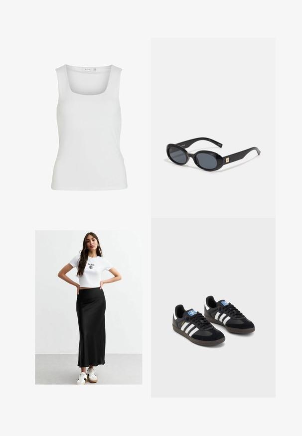 Witte mouwloze tanktop met een vierkante halslijn, een gladde textuur en een nauwsluitend ontwerp. Gemaakt van lichtgewicht stof.; Witte cropped t-shirt met "PARIS" print, gecombineerd met een zwarte zijden maxi-rok. Model draagt witte sneakers met beige en zwarte accenten.; Zwarte sneakers met een bovenwerk van suède en synthetisch materiaal, voorzien van drie witte strepen, een gestructureerde rubberen zool en een blauw logo-label op de tong.; Zwarte ovale zonnebril met donkere lenzen, glanzend kunststof frame, brede zijkanten en een kleine gouden accent aan de zijkant.
