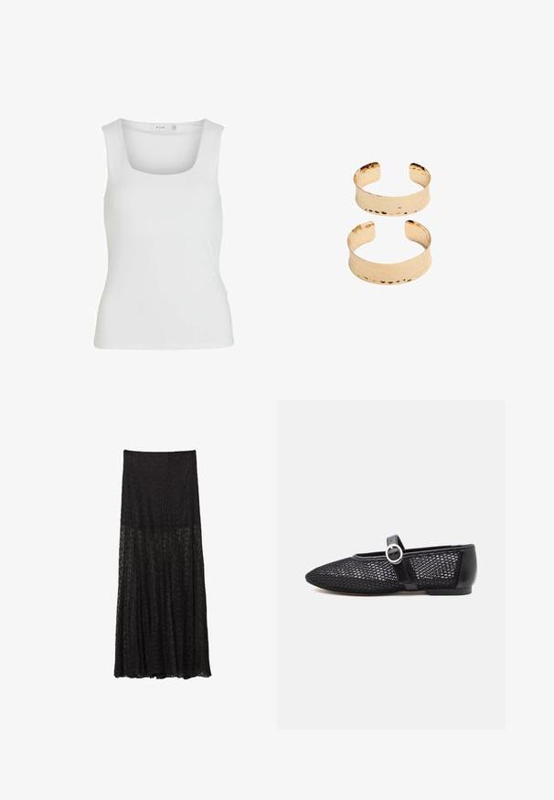 Biały bezrękawnik z kwadratowym dekoltem, o gładkiej fakturze i dopasowanym kroju. Wykonany z lekkiego materiału.; Czarna koronkowa spódnica maxi z warstwowym designem, teksturowanym wzorem i falującą sylwetką. Elastyczny pas zapewniający regulowane dopasowanie.; Czarne siateczkowe baleriny Mary Jane z okrągłym noskiem, regulowanym paskiem, srebrną klamrą i solidnym zapięciem na pięcie na białym tle.; Bransolety w złotym odcieniu z metalowym wykończeniem i młotkowaną teksturą, przedstawiające otwarty design i gładkie krawędzie. Pojedynczo zaprezentowane są dwa rozmiary: jeden szerszy, drugi węższy.