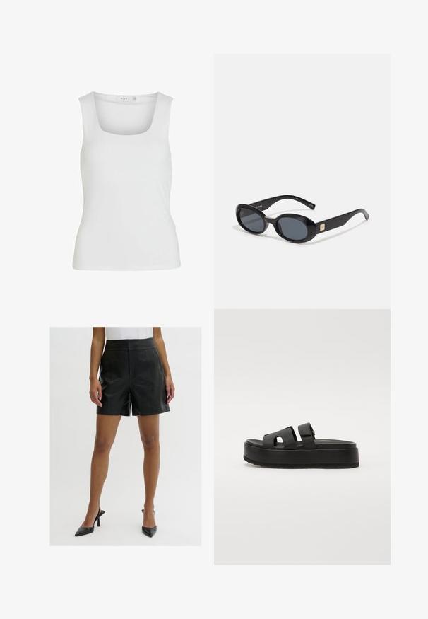 Camiseta sin mangas blanca con escote cuadrado, textura suave y diseño ajustado. Fabricada con un tejido ligero.; Pantalones cortos de cuero negro con un diseño de cintura alta, que presentan una textura suave, dos bolsillos frontales y líneas limpias y ajustadas.; Sandalias de plataforma negras con dos correas anchas, hechas de un material suave. Presentan una suela gruesa con un fondo texturizado para mayor agarre.; Gafas de sol negras en forma ovalada con lentes oscuros, montura de plástico brillante, brazos anchos y un pequeño acento dorado en un lado.; Pequeño bolso de cuero negro con un diseño estructurado, que presenta una solapa triangular y una correa ajustable. Detalles de metal en color negro.