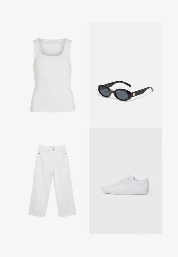 Weißes ärmelloses Tanktop mit quadratischem Ausschnitt, glatter Textur und figurnahen Schnitt. Hergestellt aus leichtem Material.; Weiße Jeans im weit geschnittenen Design aus Denim mit hoher Taille, ausgestattet mit fünf Taschen und Metallbeschlägen. Glatte Textur, keine sichtbaren Muster.; Weiße low-top Puma Sneaker mit Schnürung, dezentem Branding an der Seite und Sohle sowie glattem synthetischen Obermaterial für den lässigen Gebrauch.; Schwarze ovale Sonnenbrillen mit dunklen Gläsern, glänzendem Kunststoffrahmen, breiten Bügeln und einem kleinen goldenen Akzent auf einer Seite.