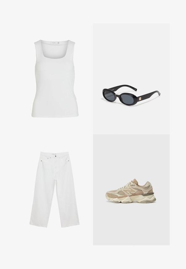 Bela brezrokavna majica s kvadratnim izrezom, gladka tekstura in prilegajoča zasnova. Narejena iz lahkega materiala.; Bele široke hlače iz denima, visoke pasu, z petimi žepi in kovinskimi dodatki. Gladek tekstur, brez vidnih vzorcev.; Bež športni superge z mrežastimi in semiš materialom, okroglo špic, debelim podplatom in opaznimi odbojnimi akcenti na strani.; Črne ovalne sončna očala s temnimi lečami, sijajnim plastičnim ohišjem, širokimi ročaji in majhnim zlatim naglavkom na eni strani.