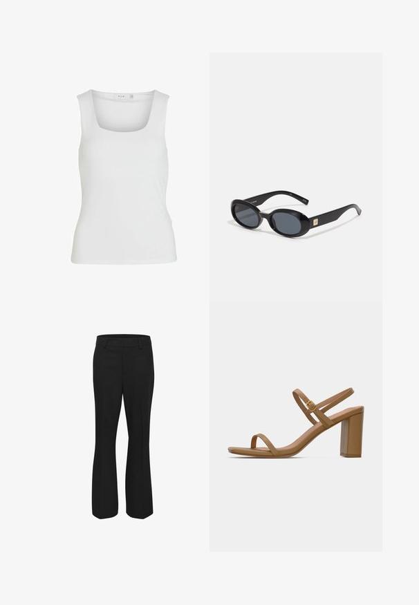 Débardeur blanc sans manches avec un décolleté carré, texture lisse et design ajusté. Fabriqué en tissu léger.; Pantalons noirs en tissu lisse, présentant un design droit avec un devant plat et des poches latérales. Pas de motifs ou d'accents visibles.; Sandales à talons légers marron clair avec deux brides fines et un talon carré. Matériau lisse au design minimaliste et un petit détail de boucle en or.; Lunettes de soleil ovales noires avec des verres foncés, monture en plastique brillant, branches larges et un petit accent doré d'un côté.; Sac à main en cuir blanc avec ferrures dorées, doté d'un rabat et d'une bandoulière amovible et réglable. Ornement métallique rond au centre.