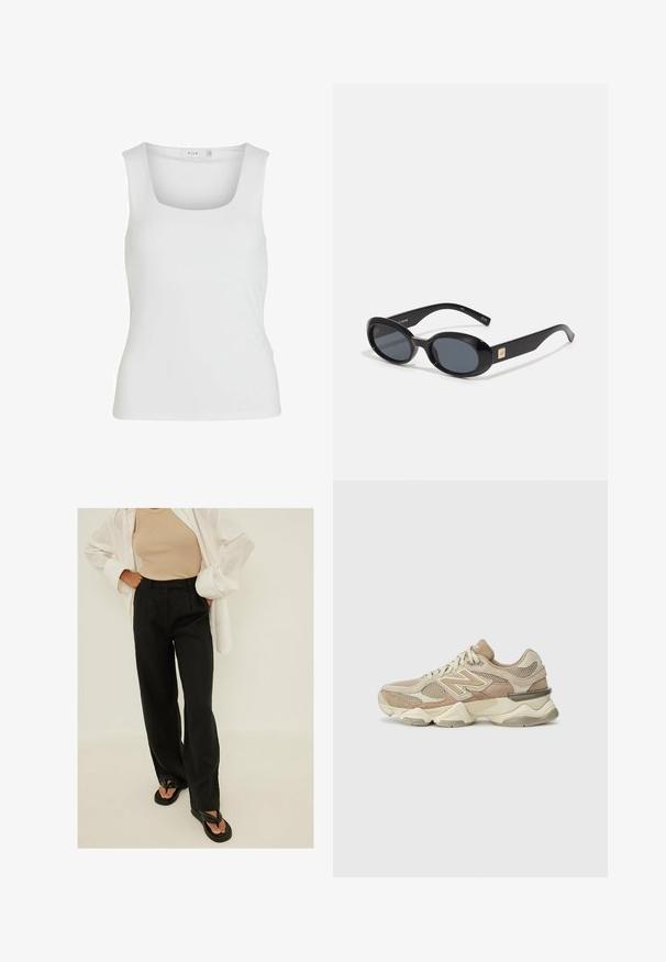 Biały bezrękawnik z kwadratowym dekoltem, o gładkiej fakturze i dopasowanym kroju. Wykonany z lekkiego materiału.; Czarne spodnie o wysokim stanie i szerokich nogawkach, wykonane z lekkiego materiału, z plisami z przodu i gładką fakturą. Połączone z prostymi czarnymi klapkami.; Beżowe sportowe sneakersy wykonane z siateczki i zamszu, z okrągłym czubkiem, grubą podeszwą i wyraźnymi odblaskowymi akcentami po bokach.; Czarne owalne okulary przeciwsłoneczne z ciemnymi soczewkami, błyszcząca plastikowa oprawka, szerokie zauszniki i mały złoty akcent z jednej strony.