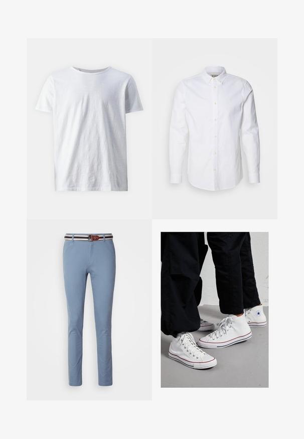 Valge lühikeste varrukatega t-särk, mis on valmistatud kergest kangast. Ümmargune kaelus sujuva tekstuuriga ning ilma nähtavate mustrite või aktsentideta.; Valge pikkade varrukate ja nööbiga särk, mis on valmistatud puuvillast. Särgil on struktureeritud krae, diskreetne logo tikand ja heledatest tan värvi nupukesed.; Heledad sinised püksid, millel on kitsas lõige, sisaldavad pruunist nahast vööd, millel on valged ja tumesinised triibud. Sile kangas, klassikaline disain.; Valge kanvasest kõrgemad spordijalatsid kummist tallaga, millel on hõbedased silmad ja punased ning tumesinised triibud tallal.