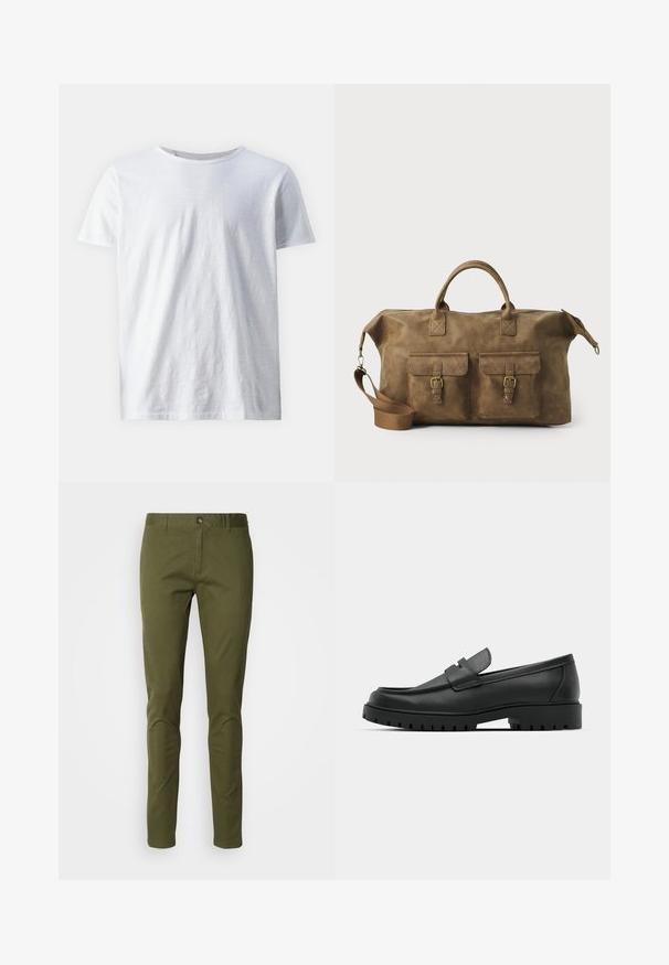 Bijela majica s kratkim rukavima izrađena od laganog materijala. Okrugli izrez s glatkom teksturom i bez vidljivih uzoraka ili detalja.; Maslinaste zeleni chinos hlače od mješavine pamuka, s ravnim krojem, zatvaračem i prednjim džepovima. Glatka tekstura s minimalnim detaljima.; Crne kožne mokasine s zaobljenim vrhom, s ušivenim dizajnom, niskom platformom i teksturiranim, gumenim potplatom s izbočinama.; Smeđi kožni putni kovčeg s dva prednja džepa, podesivim remenom za rame, zlatnim detaljima i čvrstim gornjim ručkama. Glatka tekstura.
