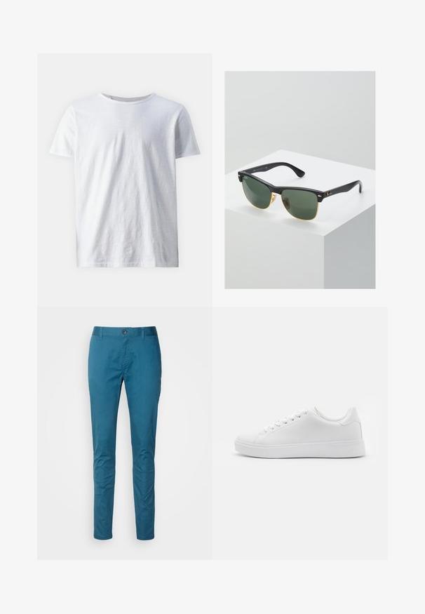 Tricou alb cu mânecă scurtă, fabricat dintr-un material ușor. Guler rotund cu o textură netedă, fără modele sau accente vizibile.; Chinoșii din bumbac albastru, cu o croială ajustată, textură netedă, închidere cu nasture în față și bucle pentru curea. Fără modele sau embellishementuri vizibile.; Adidași albi cu un superior sintetic neted, bot rotund, șase eyeleti pentru șireturi și o talpă din cauciuc de profil jos cu detalii texturate.; Ochelari de soare Ray-Ban cu lentile verzi, rame din plastic negru și accente aurii pe margini. Formă pătrată cu un finisaj mat.