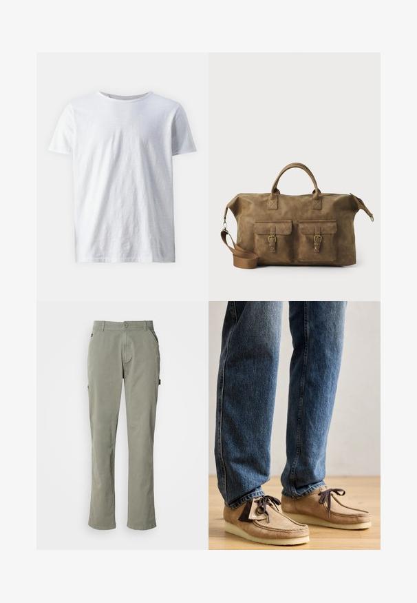 Weißes Kurzarm-T-Shirt aus leichtem Stoff. Rundhalsausschnitt mit glatter Textur und ohne sichtbare Muster oder Akzente.; Hellgrüne Baumwollhose mit geradem Schnitt, ausgestattet mit Vordertaschen, einem Knopfverschluss und einem Bund mit Gürtelschlaufen.; Wildleder-Mokassins in Tan mit dunkelbraunen Akzenten, runder Zehenform und weichem weißen Fußbett. Sie verfügen über ein Schnürdesign und gestickte Details.; Braune Ledertasche mit zwei Fronttaschen, verstellbarem Schulterriemen, goldfarbenen Beschlägen und stabilen oberen Griffen. Glatte Textur.