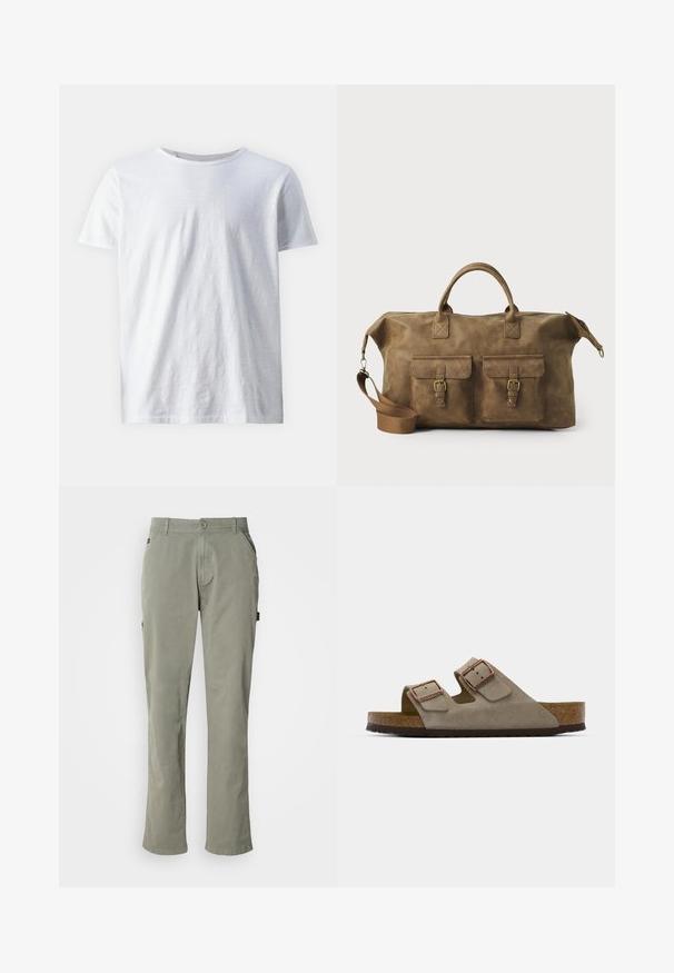 Weißes Kurzarm-T-Shirt aus leichtem Stoff. Rundhalsausschnitt mit glatter Textur und ohne sichtbare Muster oder Akzente.; Hellgrüne Baumwollhose mit geradem Schnitt, ausgestattet mit Vordertaschen, einem Knopfverschluss und einem Bund mit Gürtelschlaufen.; Wildledersandale in Hellgrau mit zwei verstellbaren Schnallen, einer Kork-Zwischensohle und einer strukturierten Gummiaußensohle.; Braune Ledertasche mit zwei Fronttaschen, verstellbarem Schulterriemen, goldfarbenen Beschlägen und stabilen oberen Griffen. Glatte Textur.