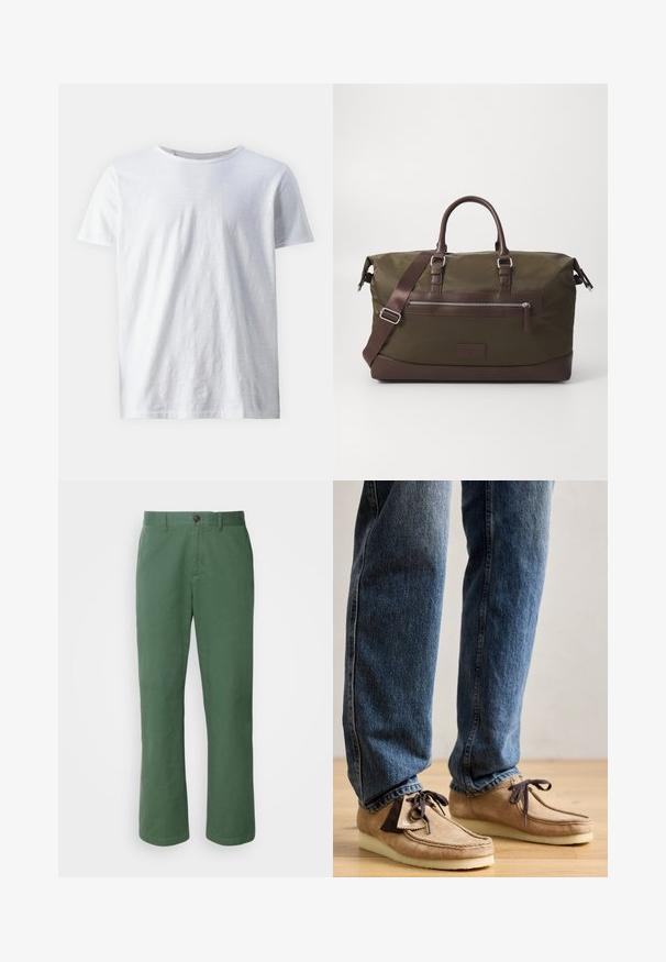 Witte korte mouw t-shirt van lichtgewicht stof. Ronde halslijn met een zachte textuur en zonder zichtbare patronen of accenten.; Groene katoenen broek met een recht gesneden ontwerp, voorzien van een sluiting met een voorste knoop en een subtiele textuur. Geen zichtbare patronen of accenten.; Suède mocassins in tan met een donkerbruin accent, ronde neus en een zachte witte zool. Beschikt over een vetersluiting en gestikte details.; Canvas reistas in olijfgroen met bruine leren accenten, voorzien van dubbele handgrepen, een afneembare schouderriem en een voorzak met rits.