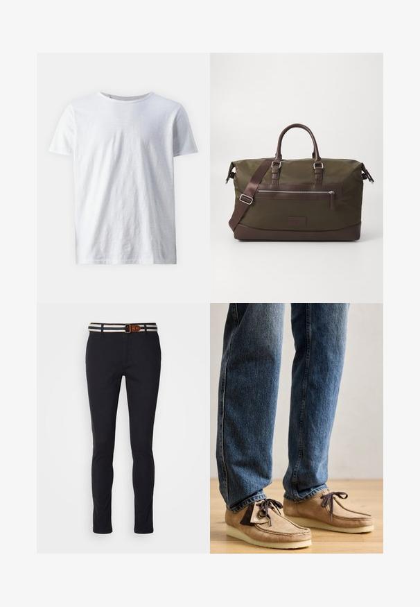 White short-sleeve t-shirt made of lightweight fabric. Round neckline with a smooth texture and no visible patterns or accents.; Navy cotton trousers with a slim fit, featuring a striped woven belt with a brown leather accent and a classic zip fly.; Suede moccasins in tan with dark brown accent, rounded toe, and plush white sole. Features lace-up design and stitched detailing.; Canvas duffel bag in olive green with brown leather accents, featuring dual handles, a detachable shoulder strap, and a front zipper pocket.