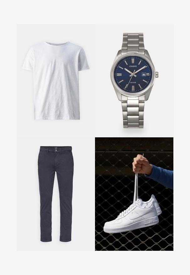 Weißes Kurzarm-T-Shirt aus leichtem Stoff. Rundhalsausschnitt mit glatter Textur und ohne sichtbare Muster oder Akzente.; Navyblaue Chinos mit schlankem Schnitt, aus einem glatten Stoff gefertigt, mit einer Knopfleiste vorne und Gürtelschlaufen, schlichtem Design und seitlichen Taschen.; Weiße Leder-Sneaker mit Perforationen, runder Zehenpartie, flacher Sohle und dicken Schnürsenkeln, mit sichtbar eingesticktem Swoosh-Logo und "AIR" an der Ferse.; Silberner Armbanduhr aus Edelstahl mit einem dunkelblauen Zifferblatt, metallischen Stundenmarkierungen und einem Datumsfenster bei 3 Uhr. Wasserdicht bis 50 Meter.