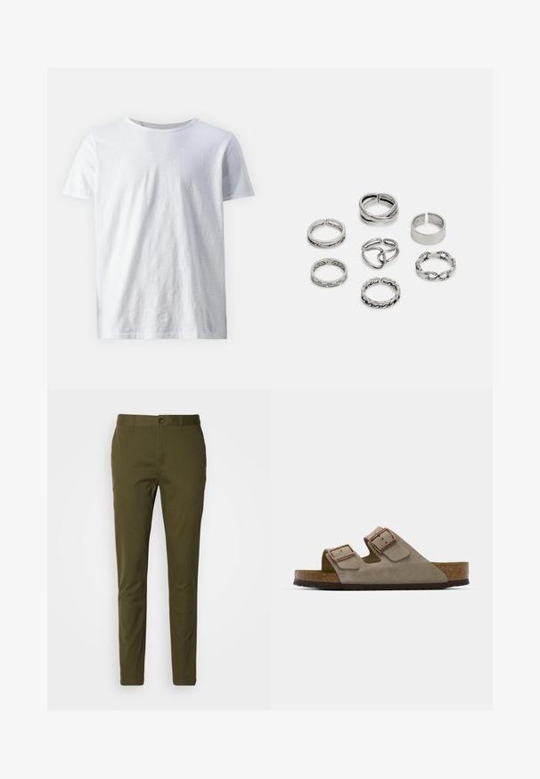 Valge lühikeste varrukatega t-särk, mis on valmistatud kergest kangast. Ümmargune kaelus sujuva tekstuuriga ning ilma nähtavate mustrite või aktsentideta.; Selle oliivroheline püksid on valmistatud siledast puuvillast, neil on nööbi sulgemine, kitsas lõige ja minimaalne õmbluste detailide arv vööosas.; Heledad sandaal erepunasel hallil kahe reguleeritava pandlaga, korkkeskmise taldaga ja tekstuuriga kummitald.; Seitsme hõbesõrmuse komplekt, millel on erinevad kujundid, sealhulgas keerdunud, seotud ja graveeritud mustrid. Erinevad kujundid ja laius.
