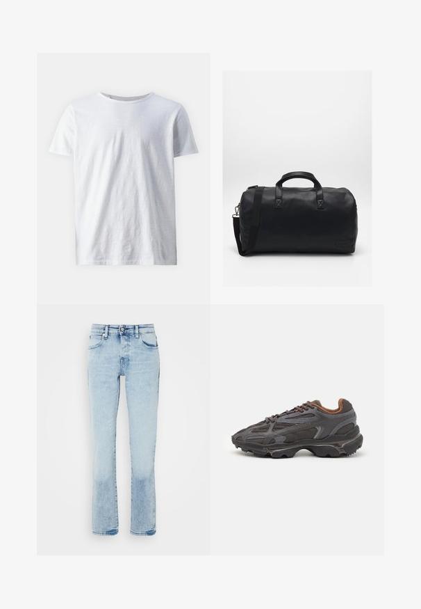 Bijela majica s kratkim rukavima izrađena od laganog materijala. Okrugli izrez s glatkom teksturom i bez vidljivih uzoraka ili detalja.; Svijetloplavi traperice s ravnim nogavicama, pet džepova, suptilnim efektom izbjeljivanja i blago izblijedjelom teksturom na rubu.; Lacoste tenisice u tamno sivoj boji s mrežastim i sintetičkim materijalom, s teksturiranom potplatom i smešnim akcentima na ovratniku i brandiranju.; Crna torba s ručkama od teksturiranog sintetičkog materijala. Ima dvije ručke i podesivu ramenu traku. Jednostavan dizajn bez vidljivih uzoraka.