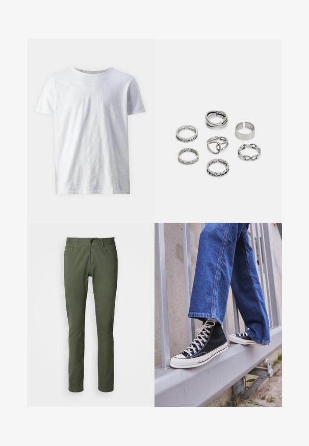 White short-sleeve t-shirt made of lightweight fabric. Round neckline with a smooth texture and no visible patterns or accents.; Olive green trousers made of cotton blend, featuring a classic straight fit, five pockets, and metal button closure. Smooth texture.; Black high-top sneakers with white sole and laces, paired with loose blue denim jeans, resting on a gray railing.; Set of seven silver rings featuring various designs, including twisted, linked, and engraved patterns. Different shapes and widths.