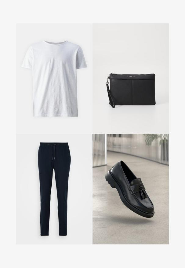 White short-sleeve t-shirt made of lightweight fabric. Round neckline with a smooth texture and no visible patterns or accents.; Navy blue jogger pants made of soft fabric with an elastic waistband, adjustable drawstring, and tapered leg design.; Black leather loafers with a smooth finish, decorative tassel, thick rubber sole, and stitched accents. Lightweight and sleek design.; Black synthetic clutch with a zip closure, wrist strap, and a smooth texture. Features subtle stitching and a logo embossed on the front.