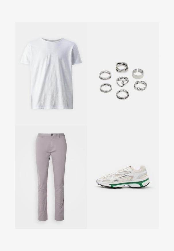 T-shirt blanc à manches courtes en tissu léger. Encolure ronde avec une texture lisse et sans motifs ni accents visibles.; Pantalons en coton gris clair avec une coupe slim, devant plat et fermeture à bouton unique. Présente des lignes épurées et un minimalisme dans les détails.; Sneaker blanc avec accents verts et semelle en caoutchouc noir. Comprend des panneaux en mesh et en synthétique, avec une finition texturée et des coutures visibles.; Ensemble de sept bagues en argent présentant divers designs, notamment des motifs torsadés, entrelacés et gravés. Différentes formes et largeurs.