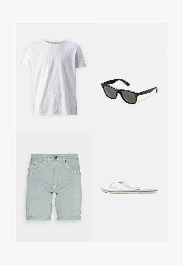Valkoinen lyhythihainen t-paita, joka on valmistettu kevyestä kankaasta. Pyöreä kaula-aukko, jossa on sileä pinta ilman näkyviä kuvioita tai koristeita.; Vaaleansiniset farkkushortsit, joissa on käänteet, etutaskut ja yksi musta nappisuljenta vyötäröllä. Sujuva pinta.; Valkoinen flip-flop, jossa on teksturoitu pohja, kapeat remmit ja monivärinen korostuslinja pohjassa. Remmissä on logo.; Mustat muoviset aurinkolasit, joissa on vihreät linssit, neliönmuotoiset kehykset, hopeinen yksityiskohta kulmakarvojen kohdalla sekä tekstuuriset temppeleiden varret. Brändi ilmoitettu sisävarsissa.