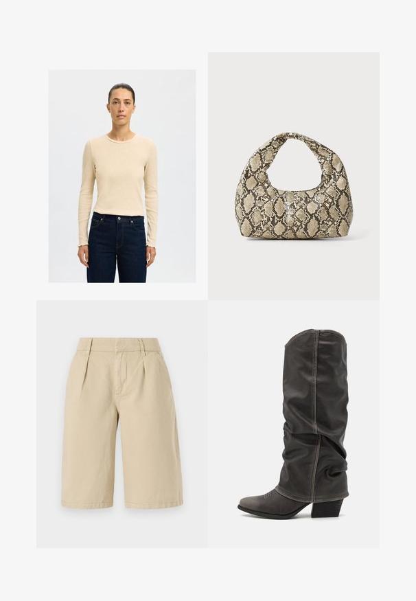 Beige ribbat långärmad topp med rund halsringning, tillsammans med mörkblå denimjeans med kontrastsöm och knappstängning.; Beige bomullsshorts med en avslappnad passform, med framfickor och sidofickor, som slutar strax ovanför knäna med en ren fåll.; Grå läderstövlar i kalvhöjd med en avslappnad design, spetsig tå och staplad klack. Anmärkningsvärt sömdetalj på tåområdet.; Väskan i ormtryck har ett böjt handtag. Den är tillverkad av strukturerade, beige och bruna material och har ett distinkt diamantsmönster.